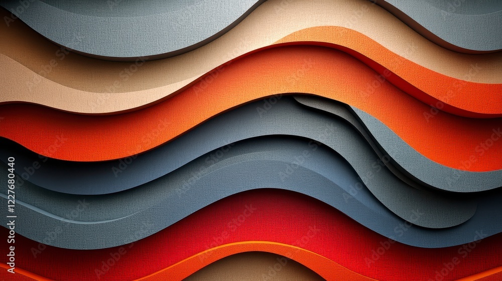 Obraz premium Abstract background with undulating layers of textured, deep orange, red, beige, and gray colors. The image features a wavy, three dimensional