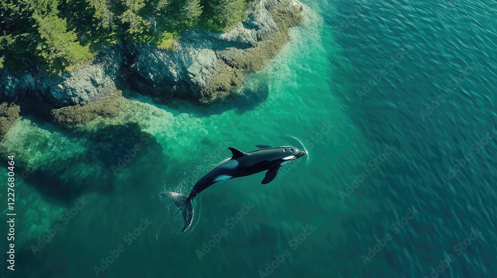 Orca calf swimming near rocky shoreline symbolizing vibrant marine ecosystems and healthy ocean biodiversity Orca calf swimming near rocky shoreline symbolizing vibrant marine ecosystems and healthy ocean biodiversity