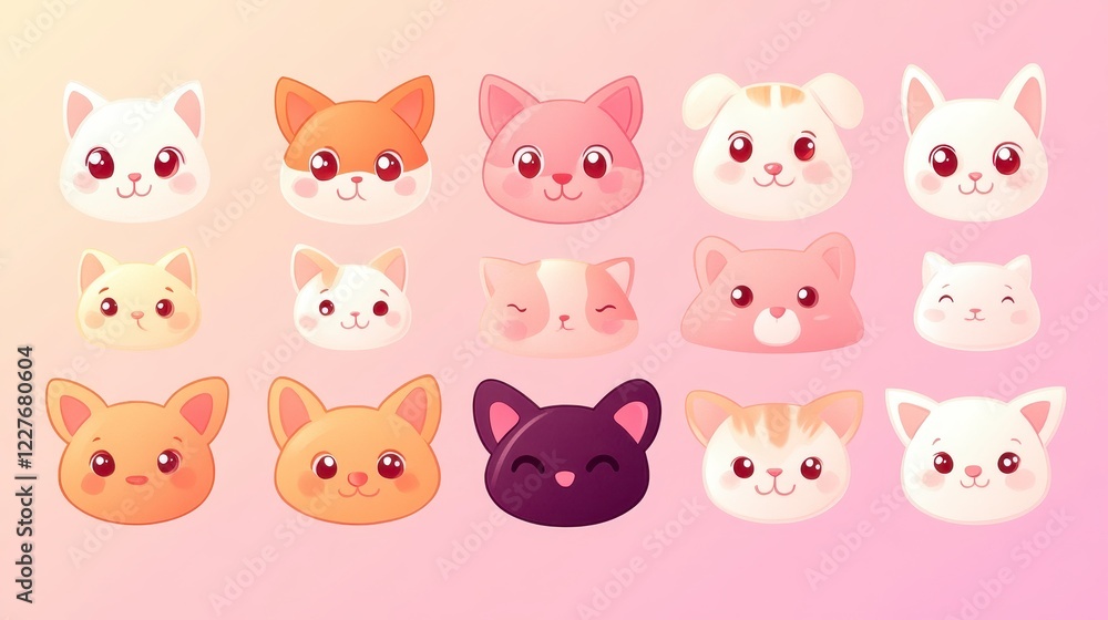 Fototapeta premium Collection of cute pixel art animal faces, featuring cats and a dog. Pastel color palette on a soft pink background. Simple, happy expressions. Ideal