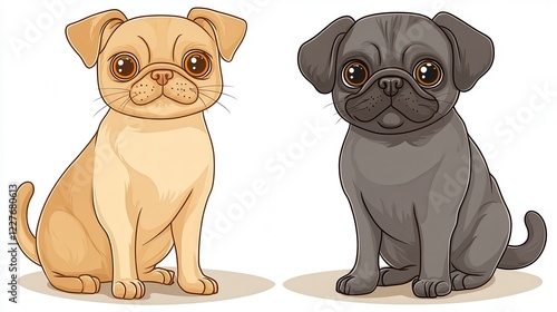 Two adorable pugs, one light beige and one dark gray, sit side by side against a white background. The pixel art style gives them a charming photo