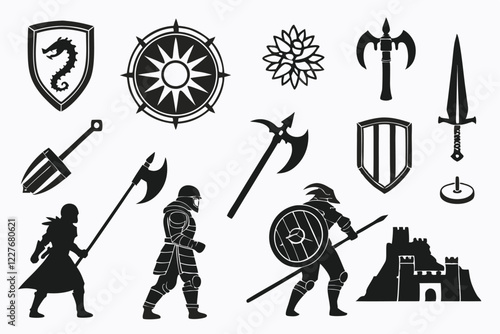 Fantasy icons, medieval symbols, RPG elements, black silhouettes, white background, game assets, character classes, weapons, armor, magic items, mythical creatures, heraldry, fantasy creatures, advent