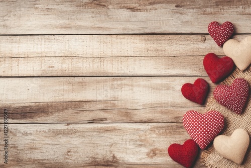 A collection of decorative fabric hearts in red and beige, arranged on a rustic wooden background, perfect for romantic themes or celebrations.