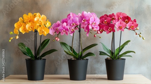 Wallpaper Mural Vibrant phalaenopsis orchids in black pots displaying yellow pink and purple colors on a wooden table with soft kitchen lighting and copyspace Torontodigital.ca