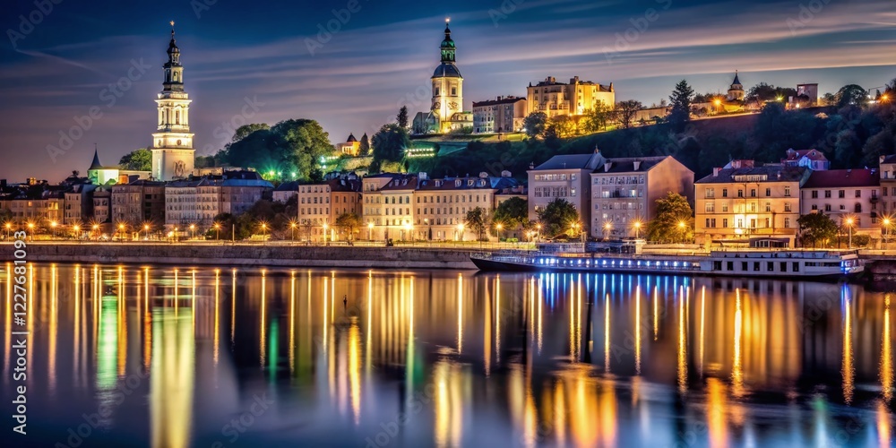 Obraz premium Belgrade Night Lights: Minimalist Sava River & Cityscape Long Exposure
