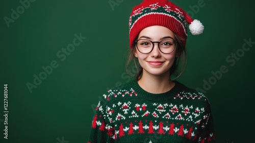 Festive Portrait of Individual in Christmas Sweater and Hat Celebrating Seasonal Spirit with Cheerful Smile photo