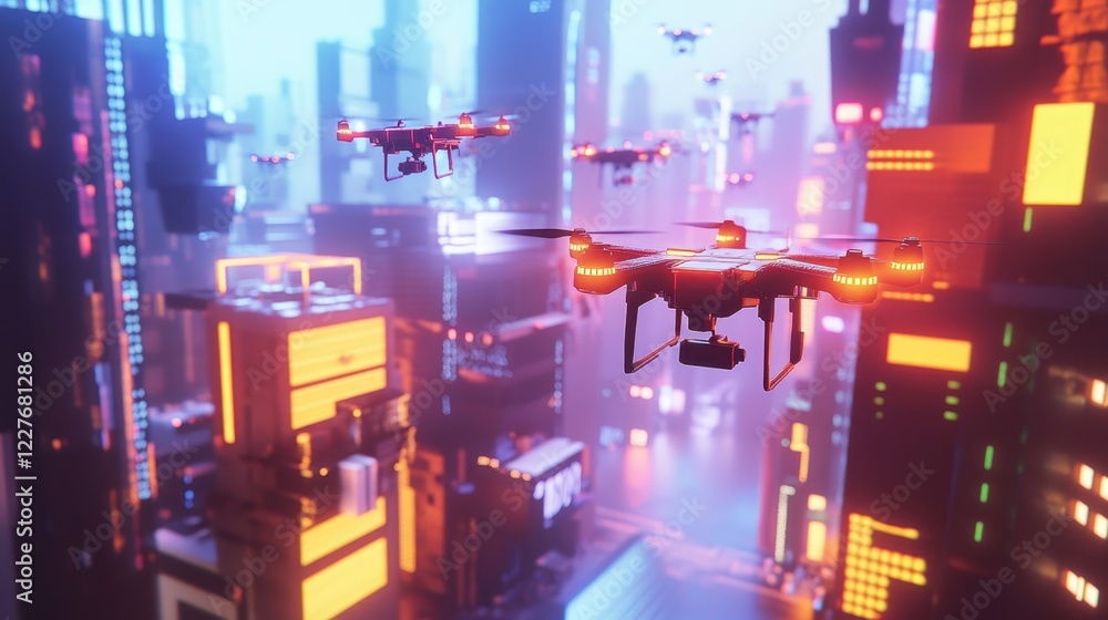 Delivery drones flying over futuristic neon lit cyberpunk city delivering packages at night, showcasing the advancements in technology and urban logistics Delivery drones flying over futuristic neon lit cyberpunk city delivering packages at night, showcasing the advancements in technology and urban logistics