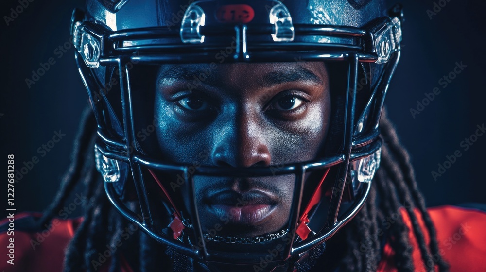 Intense portrait of determined football player in helmet against a dark background showcasing focus and athleticism Intense portrait of determined football player in helmet against a dark background showcasing focus and athleticism