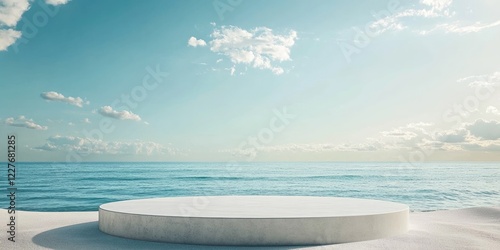 Minimalistic circular podium on serene beach with ocean backdrop ideal for product display and text placement in a calm environment.