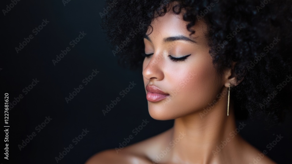 Studio portrait showcasing soft professional lighting on a young woman with natural curly hair against a dark background. Studio portrait showcasing soft professional lighting on a young woman with natural curly hair against a dark background.