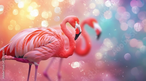 Elegant Pink Flamingos Against a Vibrant Multicolored Background with Bokeh Effects for Nature and Wildlife Themes photo