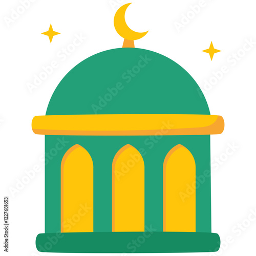 Mosque Illustration: A vibrant depiction of a mosque, adorned with a crescent moon and stars, embodying the essence of faith and cultural richness.