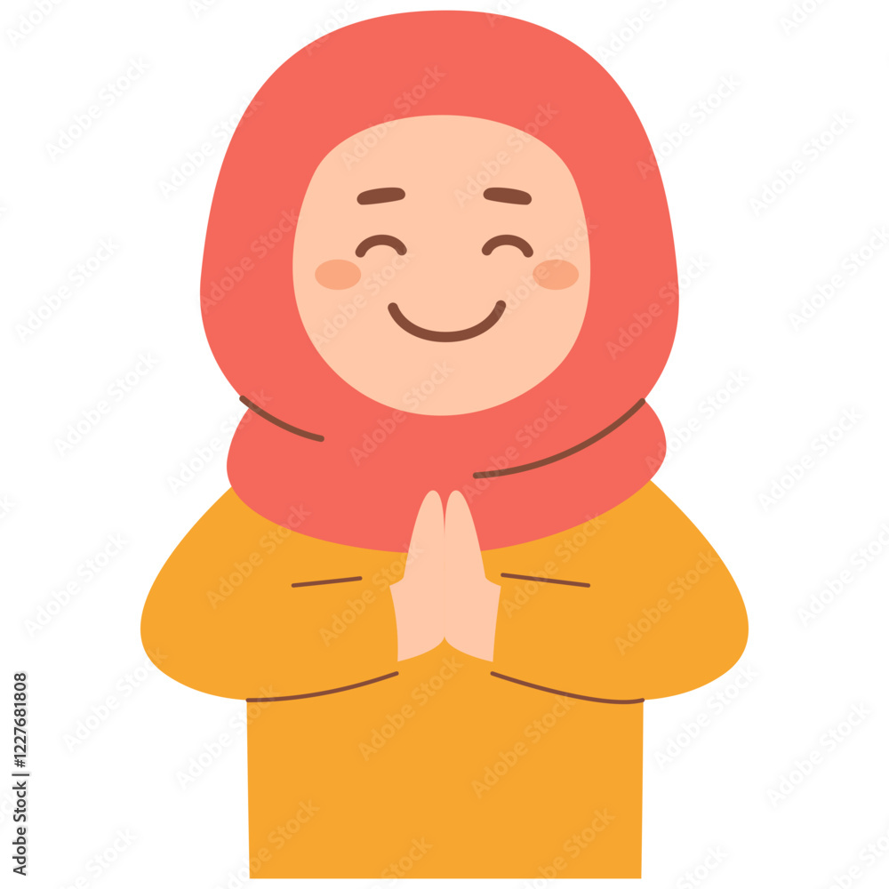 Fototapeta premium Smiling Face, Warm Greeting: An illustrated depiction of a woman dressed in hijab, hands clasped in a gesture of welcome, radiates warmth and friendliness with a genuine smile.
