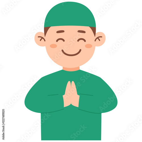 Greeting Muslim Boy: A smiling cartoon boy, attired in a traditional Muslim outfit, offers a respectful greeting with hands clasped together, symbolizing peace and goodwill.