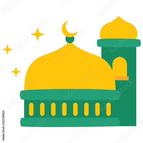 Islamic Architecture: A vibrant illustration of a mosque, showcasing its architectural splendor, with a prominent dome and minaret under a starry sky.