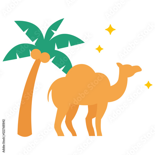 Desert Scene Illustration: An illustrated scene showcases a camel and palm tree under starry sky, creating a charming representation of the desert landscape.