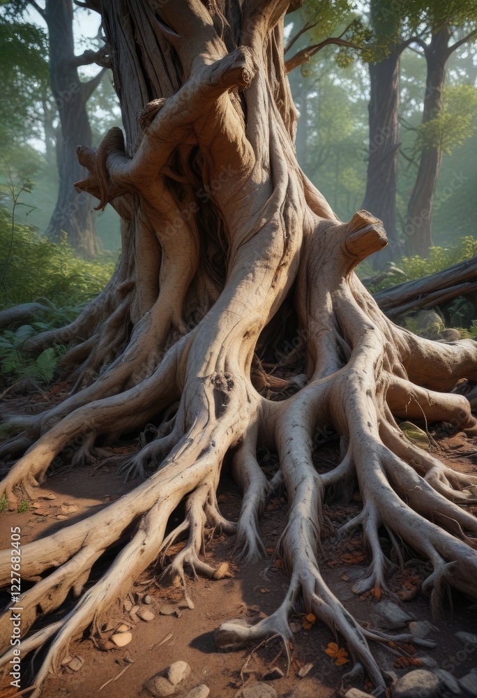 Gnarled tree roots twisting around a fallen log, earthy, outdoor, natural Gnarled tree roots twisting around a fallen log, earthy, outdoor, natural