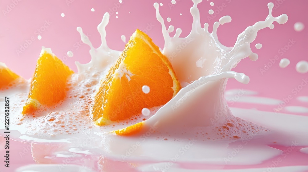 Fresh Orange Slices Creating a Splash in Creamy Milk Over a Vibrant Pink Background Ideal for Food and Beverage Concepts