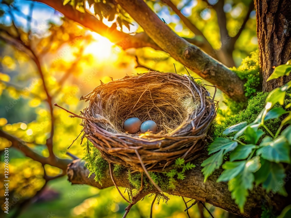 Bird's Nest in Tree, Springtime Nature Photography, Wildlife Habitat, Detailed Close-up Bird's Nest in Tree, Springtime Nature Photography, Wildlife Habitat, Detailed Close-up