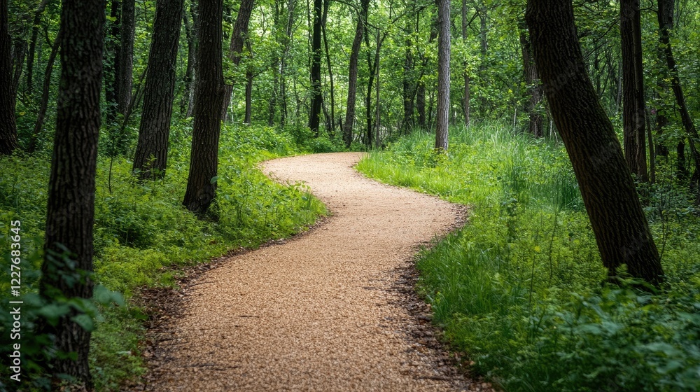 Fototapeta premium Serene Curved Pathway Through Lush Green Forest Surrounded by Trees and Vibrant Foliage