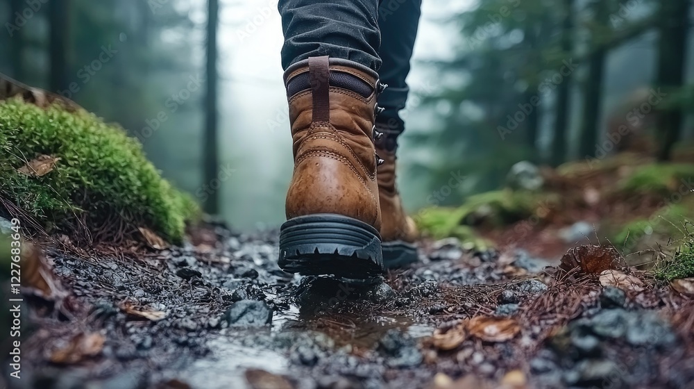 Brown Boots Walking Through a Forest Trail Brown Boots Walking Through a Forest Trail