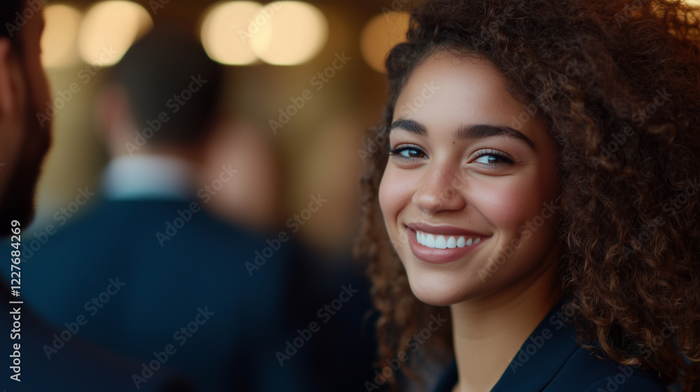 professional woman smiling at networking event, engaging with others professional woman smiling at networking event, engaging with others