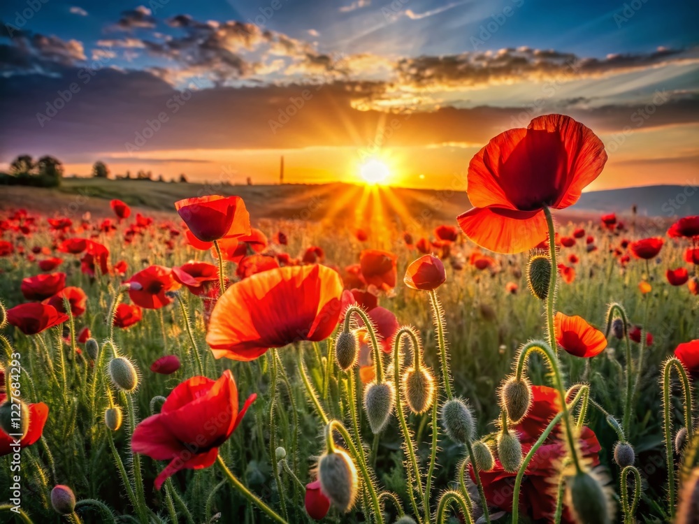 Fototapeta premium Black and White Dawn Poppy Field Photo: Serene Sunrise Landscape