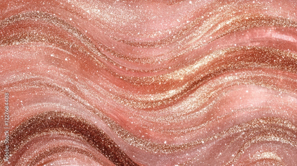 Obraz premium Rose gold glitter texture background with sparkling waves creating an elegant abstract design ideal for festive and holiday-themed projects.