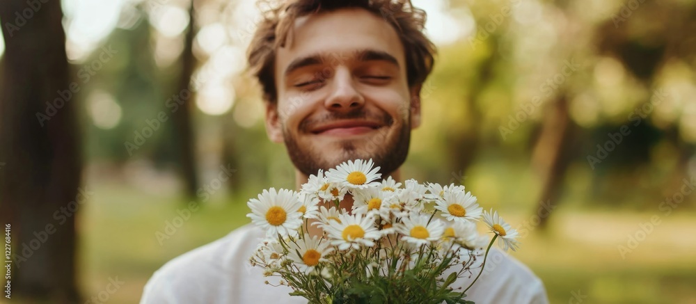 Obraz premium Joyful young man smiling with bouquet of daisies in serene park setting Romantic atmosphere in nature with blank space for text