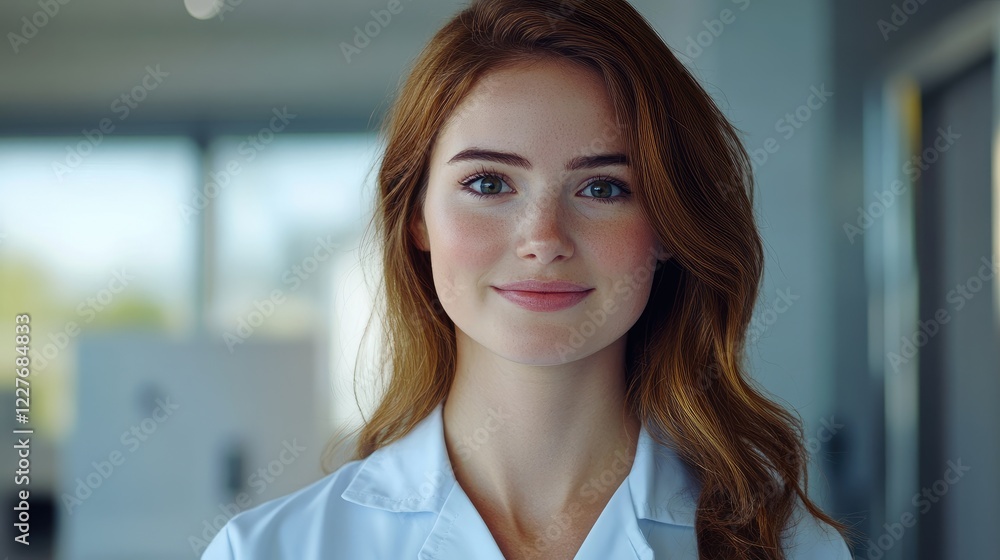 Fototapeta premium Healthcare professional in a medical setting showcasing confidence and approachability in a modern clinic environment.