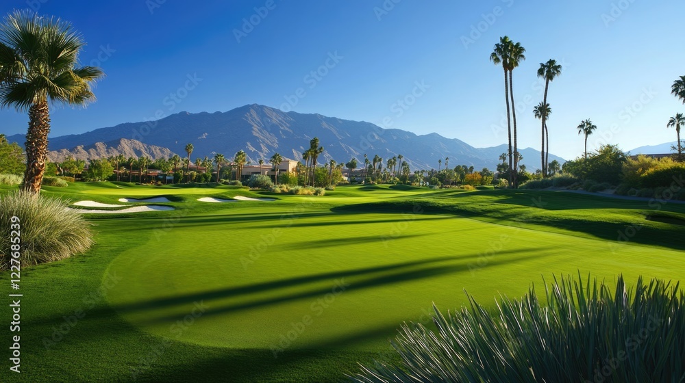 Obraz premium Stunning golf course landscape featuring lush greens, manicured driving range, and vibrant palm trees under a clear blue sky