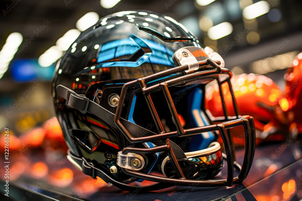 Fototapeta premium Football helmet resting on green field with stadium lights glowing in the background during a game night atmosphere