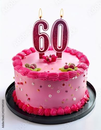 Wallpaper Mural Decorated pink cake for birthday or anniversary party, candle number 60, white background Torontodigital.ca