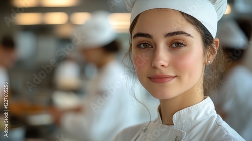 Female chef portrait in bustling restaurant kitchen showcasing passion for culinary arts and professionalism in culinary environment
