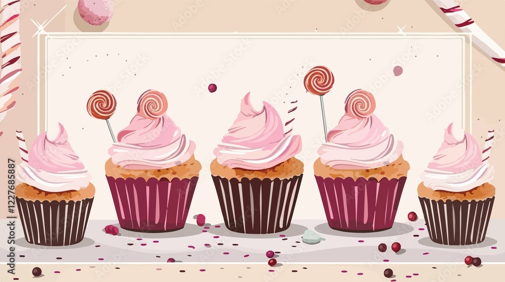 Delicious Freshly Baked Cupcakes with Pink Icing and Candy Decorations Delicious Freshly Baked Cupcakes with Pink Icing and Candy Decorations