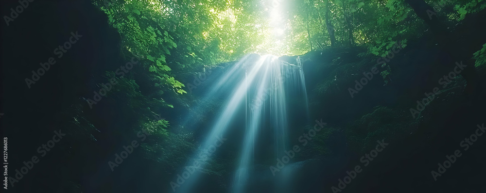Fototapeta premium Sunbeams Illuminate Jungle Waterfall