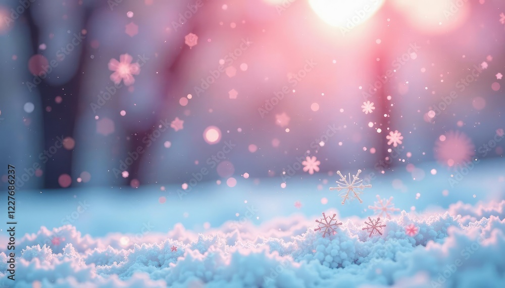 Fototapeta premium Delicate pink snowflakes fall gently on a frosty winter background, soft focus, snowfall effect