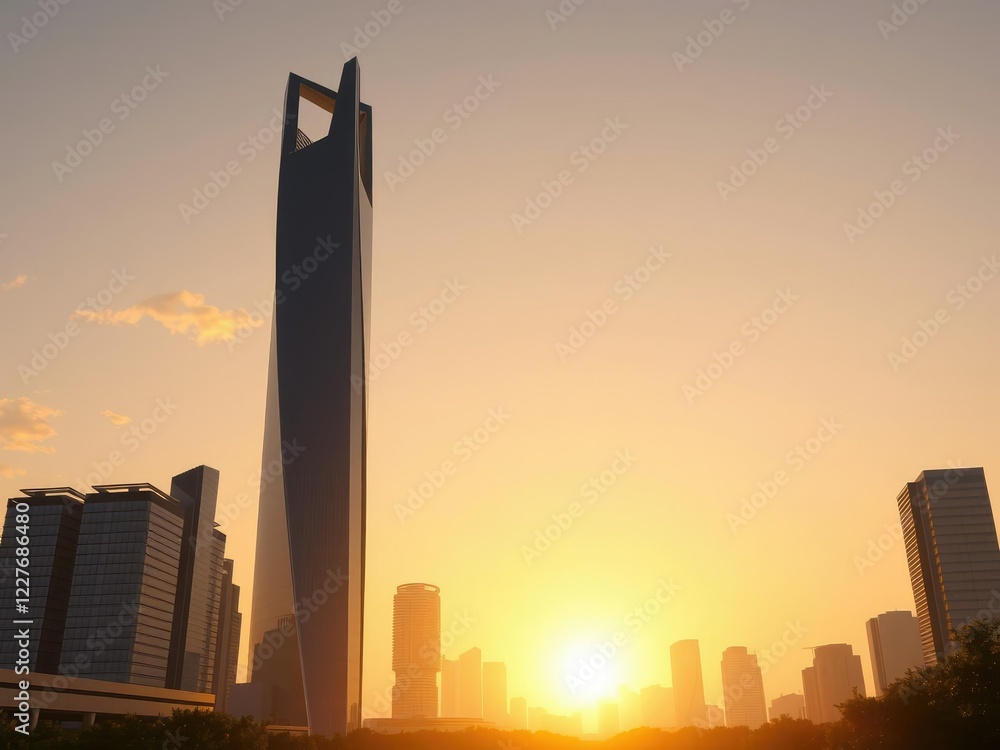 Obraz premium Sleek futuristic skyscraper at sunset with a shadowed silhouette of innovation and progress, shadow effect, modern design