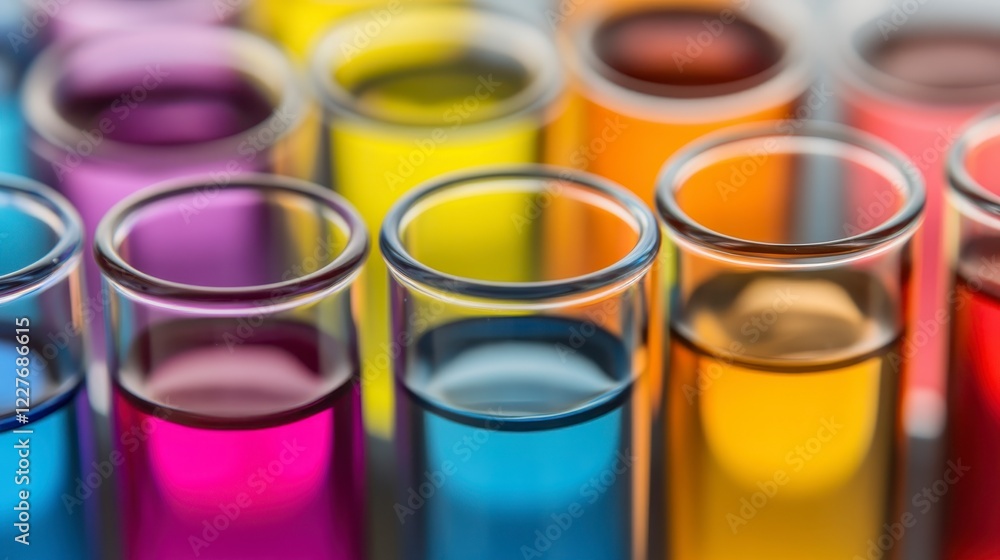 Close up view of colorful liquids in glass test tubes. Vibrant hues of pink, purple, blue, yellow, and orange fill the tubes, creating a visually Close up view of colorful liquids in glass test tubes. Vibrant hues of pink, purple, blue, yellow, and orange fill the tubes, creating a visually