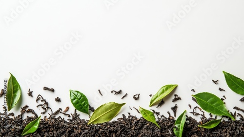 Organic Dried Tea Leaves with Fresh Green Leaves on Neutral Background for Herbal or Natural Products Concept photo