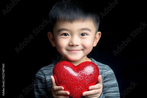 Commercial marketing visual idea. Sign of love and affection. Youth valentine's day greeting card: young person boy with amused face holds red heart in hands. Valentine's photo shoot. photo