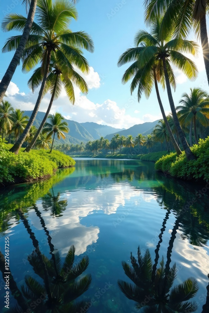 Calm waters of Wailua River reflected in palm trees, river, wailua Calm waters of Wailua River reflected in palm trees, river, wailua