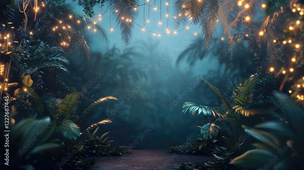 Obraz premium Tropical jungle illuminated by fairy lights at twilight offering a serene and magical landscape with ample space for text placement