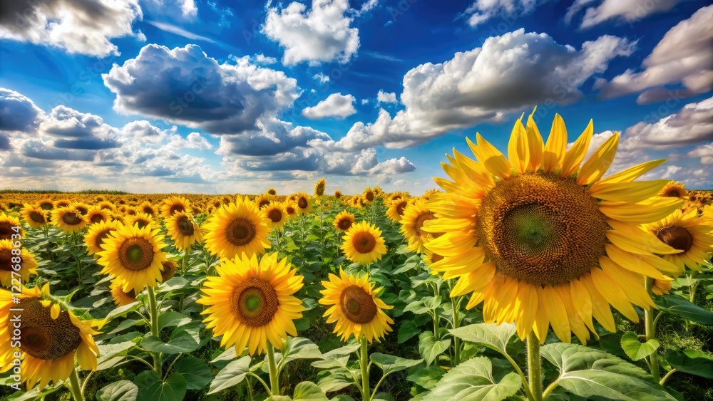 Group of sunflowers standing tall in a field with a bright blue sky and fluffy white clouds, nature, petals, statuesque Group of sunflowers standing tall in a field with a bright blue sky and fluffy white clouds, nature, petals, statuesque