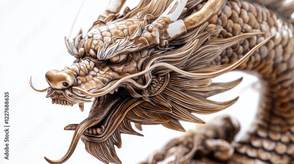 Intricately designed dragon sculpture showcasing ornate details against a clean white backdrop perfect for artistic displays or decor. Intricately designed dragon sculpture showcasing ornate details against a clean white backdrop perfect for artistic displays or decor.