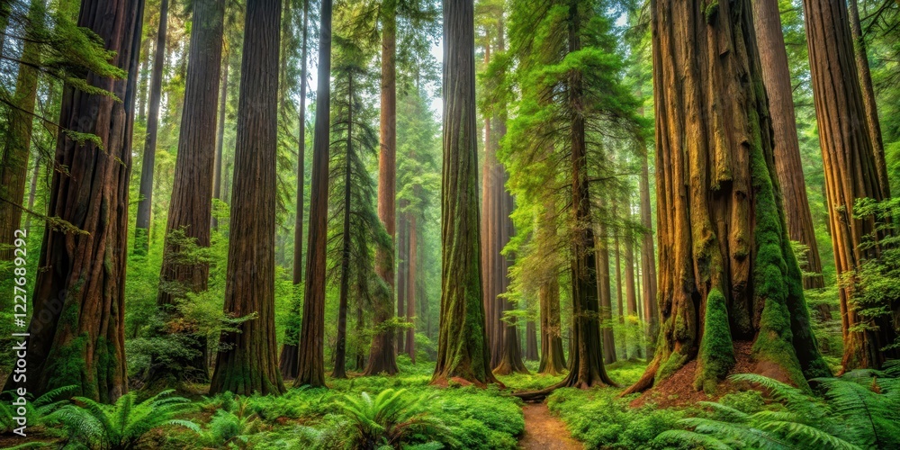 Obraz premium dense redwoods forest with tall trees and lush undergrowth, wilderness, nature, wilderness, nature