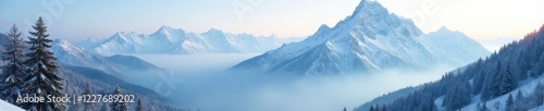 Snowy peaks of Valasco di Valdieri refuge in misty morning, trees, refuge, mountain peak photo