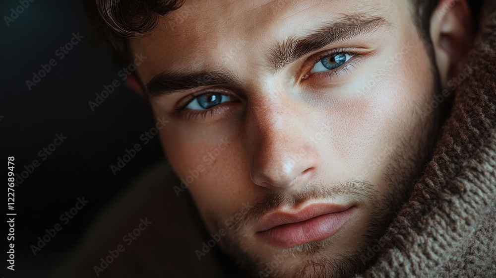 Handsome male model with captivating brown and blue eyes gazing intensely at the camera in a close-up portrait setting Handsome male model with captivating brown and blue eyes gazing intensely at the camera in a close-up portrait setting