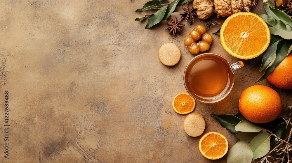 Orange scented tea and Pongal sweets with fresh oranges and spices on a textured surface for Thanksgiving celebration flat lay with space for text Orange scented tea and Pongal sweets with fresh oranges and spices on a textured surface for Thanksgiving celebration flat lay with space for text