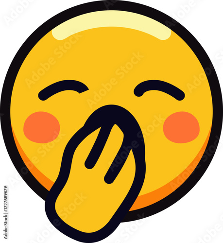 Emoji with hand covering mouth, blushing and smiling, expressing giggle.