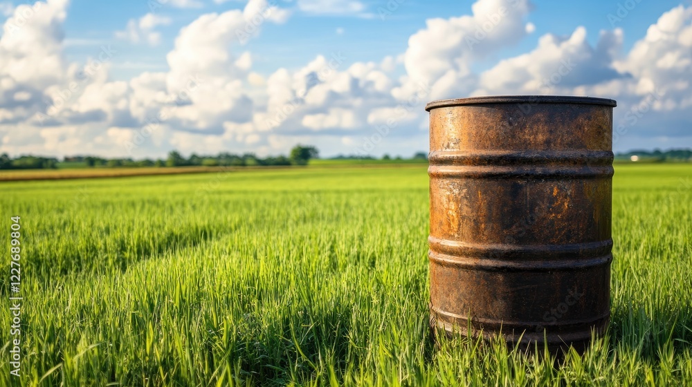 Pesticide barrel on lush green grass in front of a vibrant crop field under a bright blue sky with fluffy white clouds. Pesticide barrel on lush green grass in front of a vibrant crop field under a bright blue sky with fluffy white clouds.